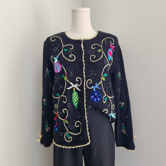 American Vintage Sweaters - Vintage Studio Joy Black Holiday Christmas Knit Cardigan Sweater Ornaments S